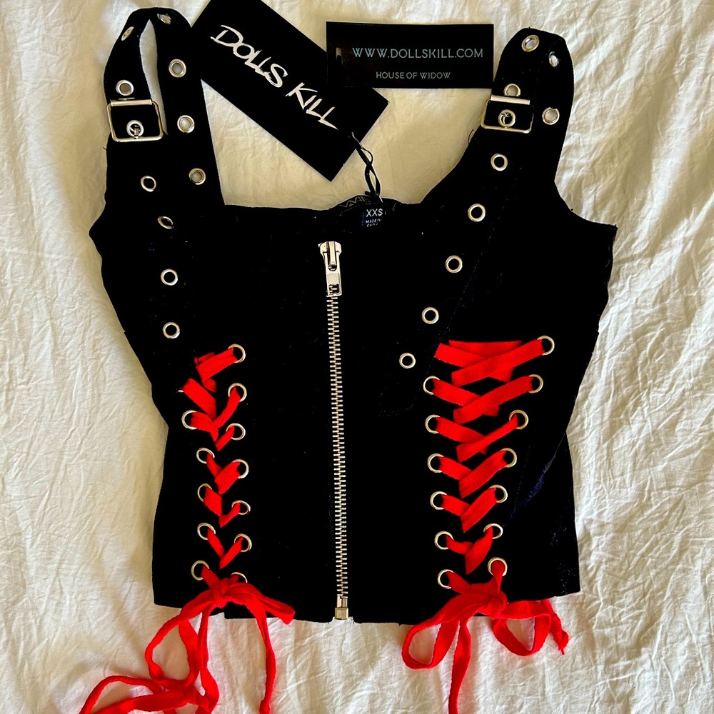 Dolls Kill Black and Red Lace-Up Crop Top